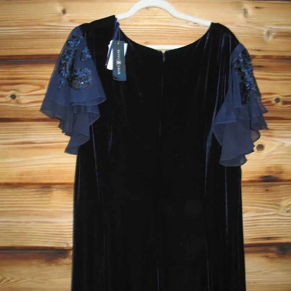 NWT Betsy & Adam PLUS "CAROLINA" LONG VELVET V-NECK SEQUIN SLEEVE DRESS Navy - Picture 11 of 13